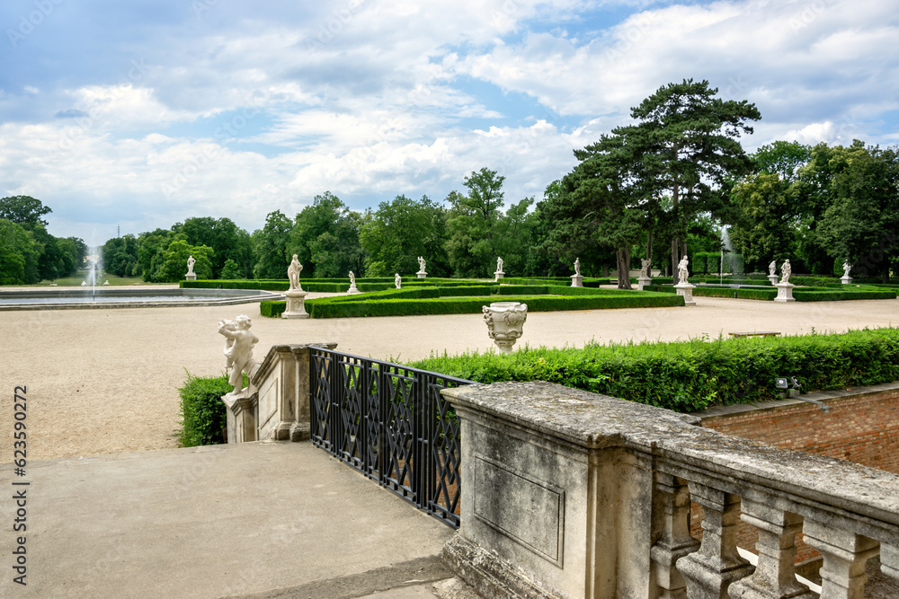 Entrance to the garden with park and fountain at Slavkov Castle (Austerlitz), Czech Republic.