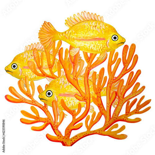 Watercolor painted yellow fish and corals on white background.