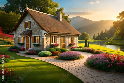house in the garden and sun is rising generated by ai
