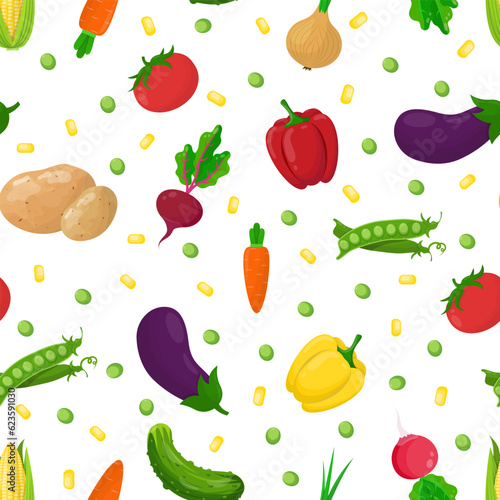 Seamless pattern with vegetables on a white background. A set of vegetables - radish, potato, cucumber, pepper, onion, peas, beetroot, tomato, carrot.