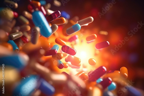 Macro shot of falling colorful tablets and capsules on dark background, created with generative,ai 