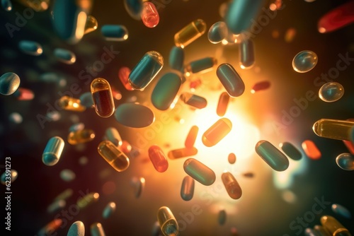 Macro shot of falling colorful tablets and capsules on dark background, created with generative,ai 