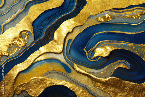 Blue and golden acrylic liquid ink swirl abstract background with ravishing turbulence wavy pattern and detailed texture. Luxury fluid liquid art by Generative AI.