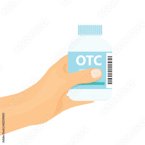 hand holding package with OTC Over The Counter drugs - vector illustration