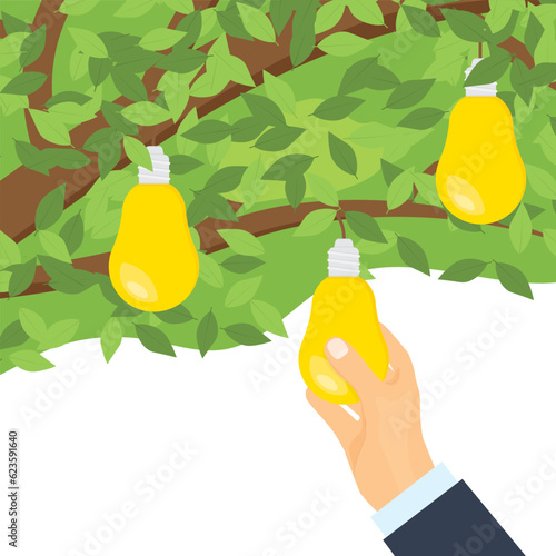 hand picking up light bulbs from the tree as a fresh ideas, solutions; business concept- vector illustration