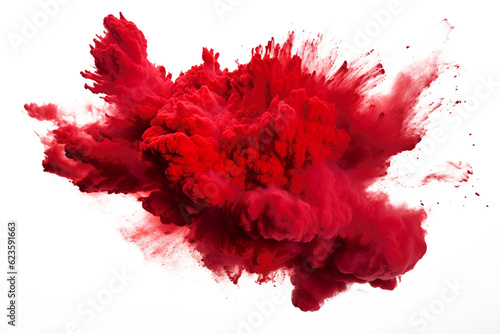 bright red holi paint color powder festival explosion burst isolated white background. industrial print concept background