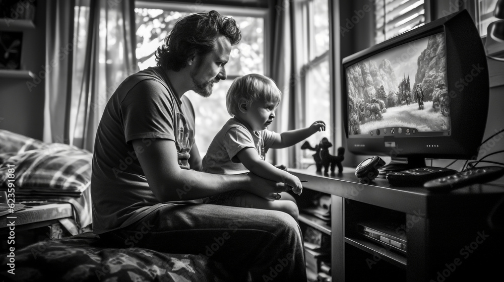 Candid moment of a father and son playing video games, sharing fun, love, and togetherness, showcasing real-life parenthood Candid moment of a father and son playing video games, sharing fun, love, and togetherness, showcasing real-life parenthood