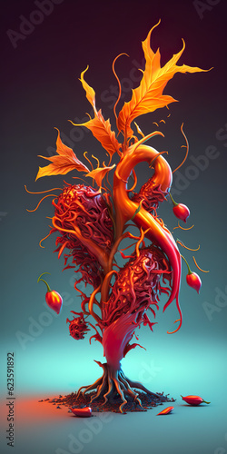 Abstract caroline pepper in grim reaper style on dark background. Chili pepper in abstract shape in halloween theme. Pepper in chaos illustration. Generative AI