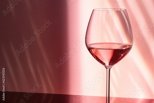 Rose wine in a glass on light pink background. Wineglasses. Summer drink for party, wine shop or wine tasting concept. Hard light. Copy space