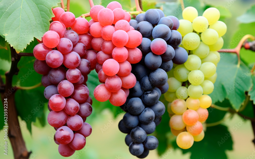 Several bunches of grapes of different colors and sizes are visible on the branch. One cluster is already ripe and ready to be harvested, while the other is still green and needs to be taken care of. Several bunches of grapes of different colors and sizes are visible on the branch. One cluster is already ripe and ready to be harvested, while the other is still green and needs to be taken care of.