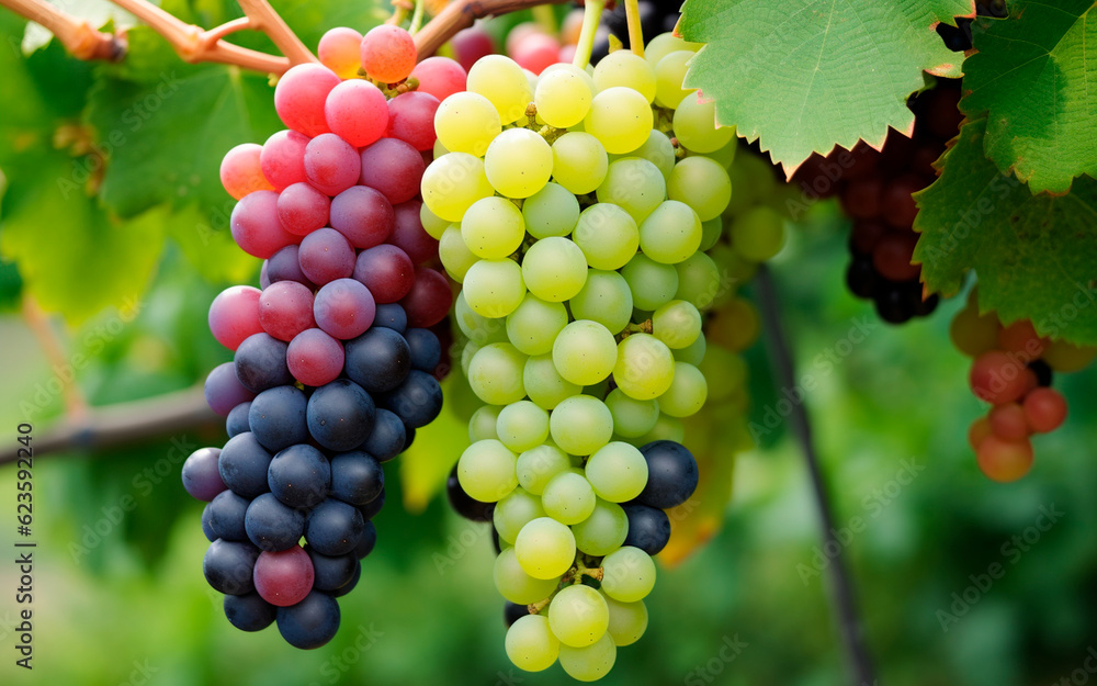 Several bunches of grapes of different colors and sizes are visible on the branch. One cluster is already ripe and ready to be harvested, while the other is still green and needs to be taken care of. 