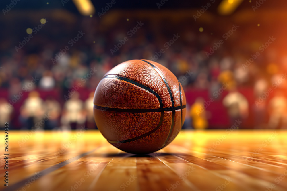 Close up of the basketball in an arena in the background in a cinematic scene. Basketball lying on wooden floor of basketball court and illuminated by spotlights. Generative AI