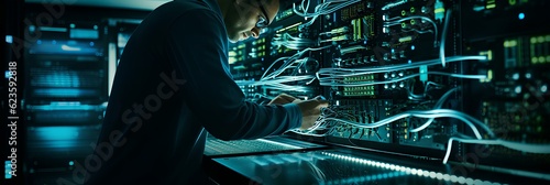 Internet Business, Digital technology, Network and cybersecurity of data center with engineer working in a server room computer, Data analytics, troubleshooting with a programmer. generative AI