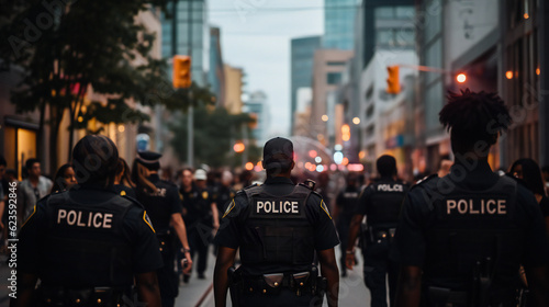 Police line at night in city, Police Officers standing in front of crowd