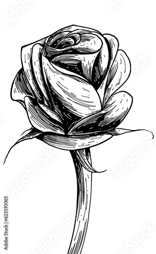 Ilustraci√≥n de rosa florecida entintada en blanco y negro photo