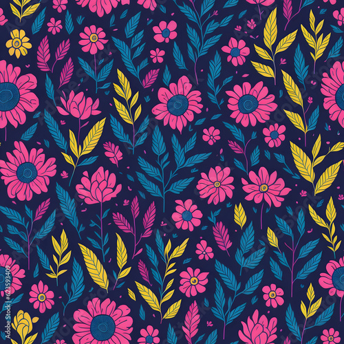 vintage colorful plant and flowers pattern, generative ai