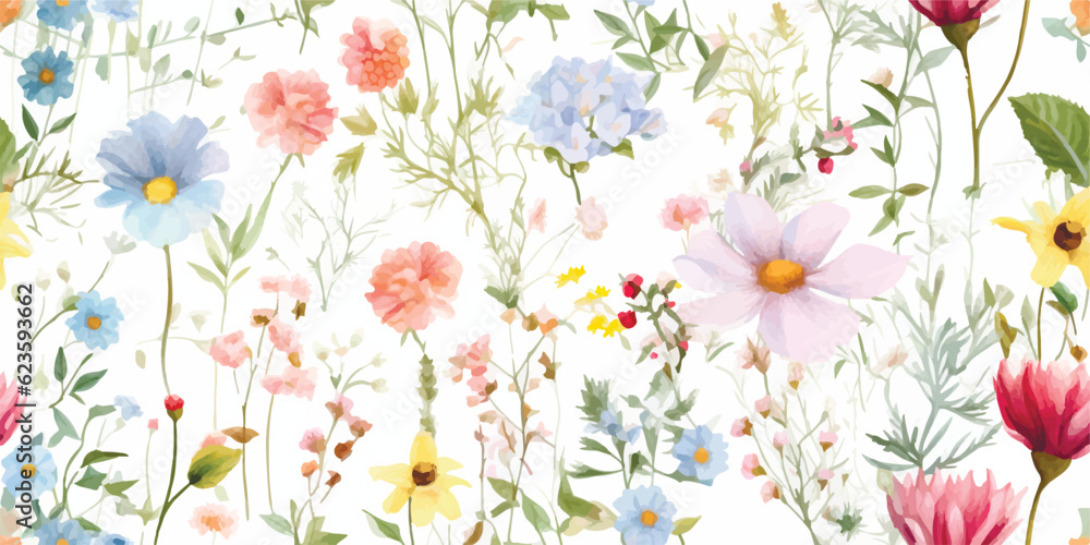 Beautiful vector seamless floral pattern with watercolor hand drawn gentle summer flowers. Stock illustration. Natural artwork