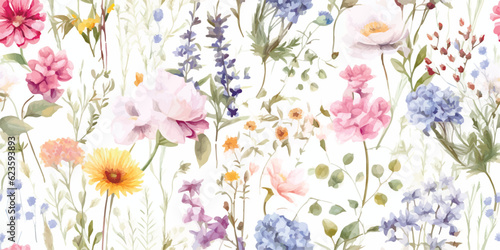 Beautiful vector seamless floral pattern with watercolor hand drawn gentle summer flowers. Stock illustration. Natural artwork