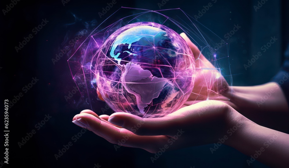 Obraz premium person touching world globe on the screen stock photo