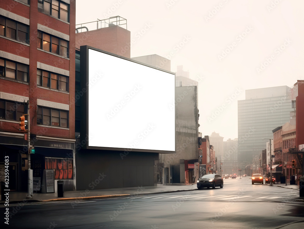Perspective view of blank white billboard on building wall at sunset, mockup. Generative AI Perspective view of blank white billboard on building wall at sunset, mockup. Generative AI