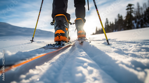 Closeup on a boot and a ski during the ski touring adventure. Illustration of mountaineer skiing in high alpine landscape winter adventure. Realistic 3D illustration. Generative AI photo