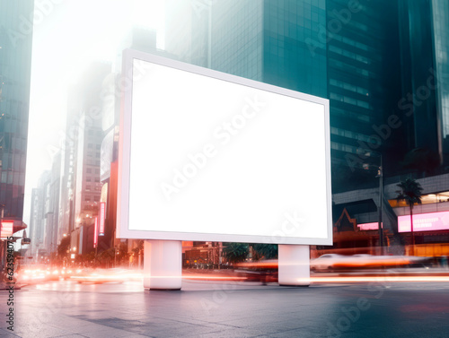 Blank white isolated billboard on city street background at twilight, mockup. Generative AI