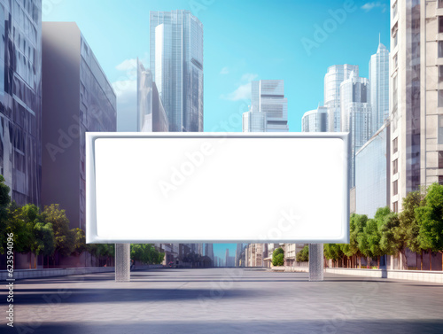 Front view blank white isolated billboard on modern city street at daytime  mockup. Generative AI