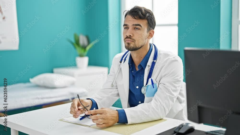 Young hispanic man doctor stressed taking glasses off at clinic Young hispanic man doctor stressed taking glasses off at clinic