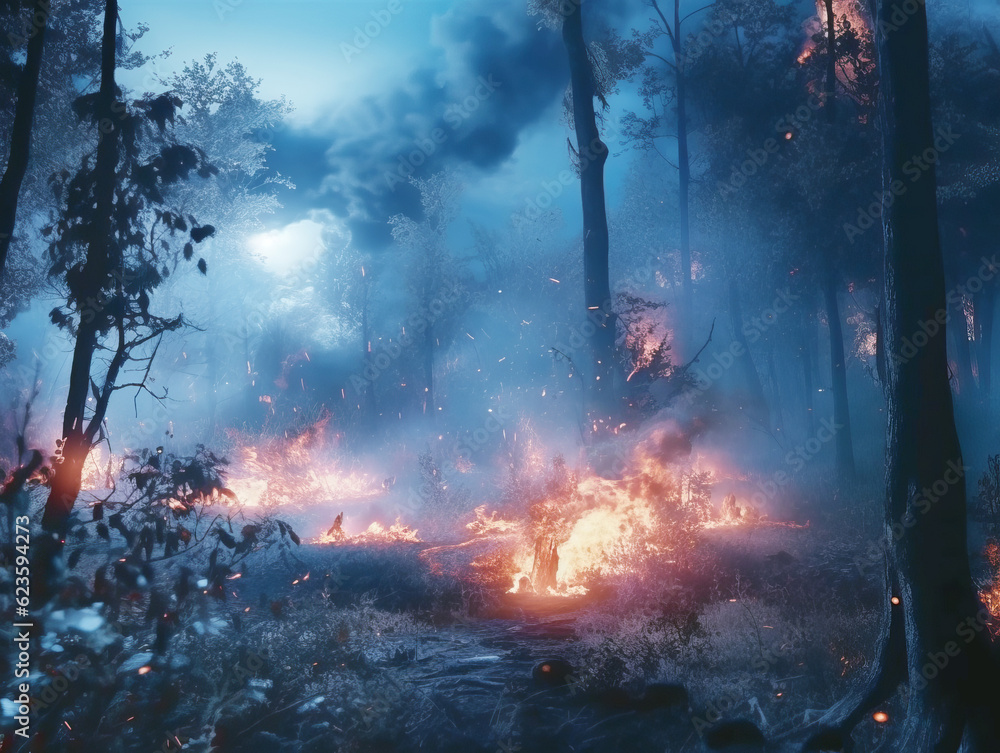 Forest in fire and smoke background at evening. Generative AI