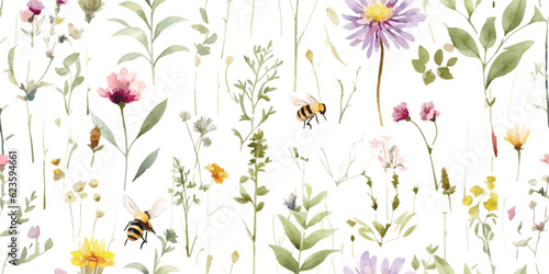 Delicate floral seamless pattern with abstract wildflowers, green branches, flying dragonflies and bumblebee, watercolor garden illustration on white background, print for wallpapers, textile, cover