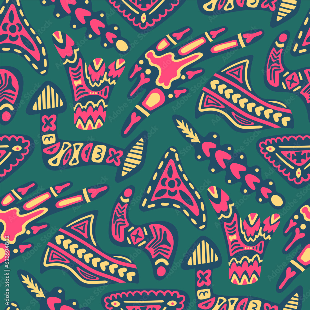 vector three freeform tribal geometric colors seamless pattern on green