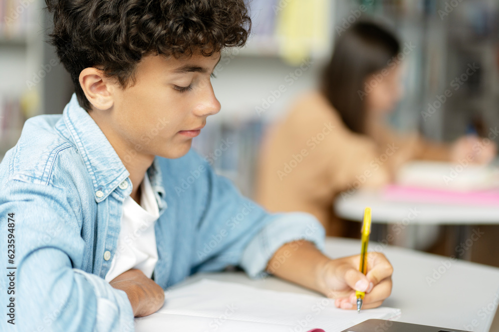 Pensive smart teenage boy taking notes, learning language, exam preparation, reading book in modern classroom. Back to school, education concept Pensive smart teenage boy taking notes, learning language, exam preparation, reading book in modern classroom. Back to school, education concept