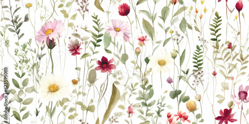 Floral pattern from wildflowers, abstract plants and branches, watercolor isolated seamless illustration for background, textile, wallpapers or floral decorative print
