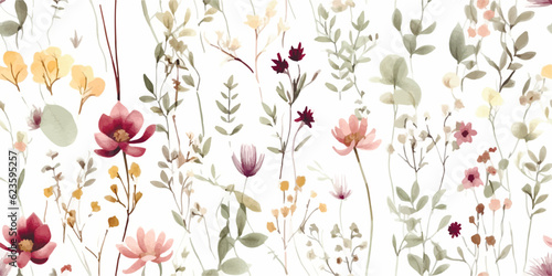 Floral pattern from wildflowers, abstract plants and branches, watercolor isolated seamless illustration for background, textile, wallpapers or floral decorative print