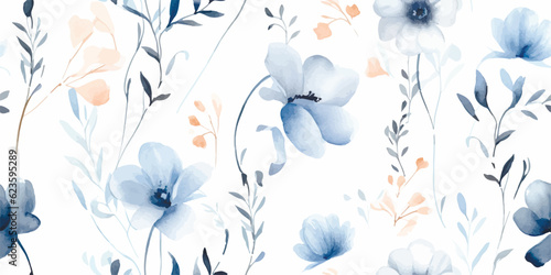 Floral seamless pattern with abstract blue and beige flowers  delicate branches and leaves. Watercolor print isolated on white background for textile or wallpapers