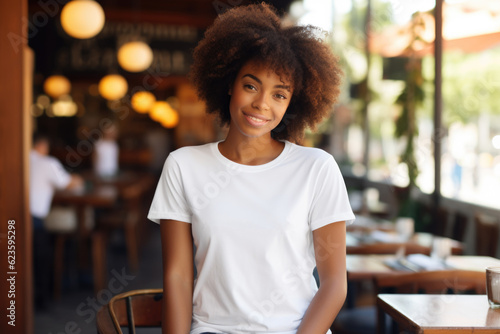 Beautiful black woman wearing bella canvas white t shirt and jeans, at cafe. Design t shirt template, print presentation mockup photo