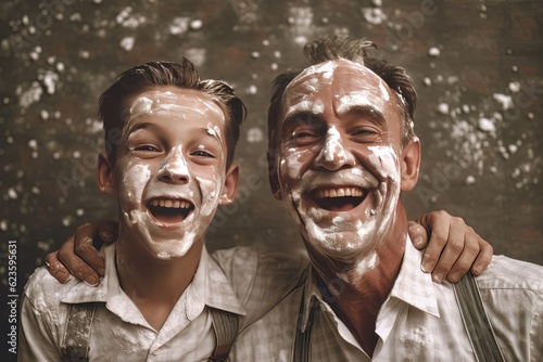 Dad and son with shaving foam on their faces have fun spending time together. Ai