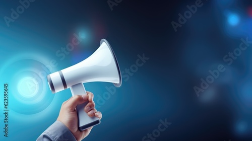Close up of man hand hold loudspeaker advertise good sale deal or discount or news. Picture on one-tone background