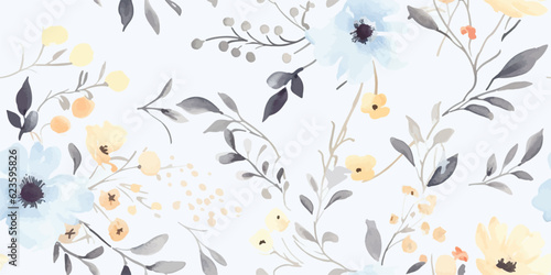Flower seamless pattern with abstract floral branches with leaves, blossom flowers and berries. Vector illustration in vintage watercolor style on ligh grey background