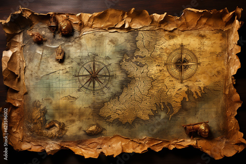 Tattered treasure map against a distressed, maritime-themed backdrop Generative AI