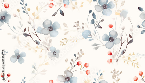 Flower seamless pattern with abstract floral branches with leaves, blossom flowers and berries. Vector nature illustration in vintage watercolor style on light yellow background.