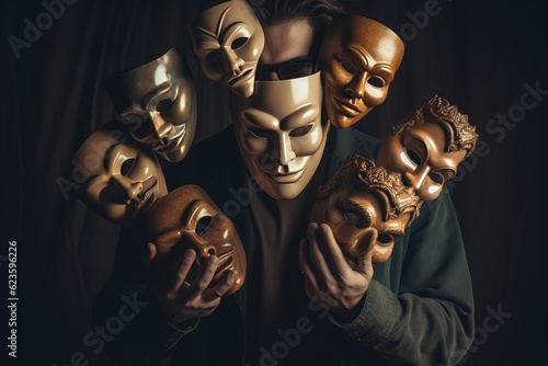 Fake emotion, play a role concept. Character holds masks our face with different emotions. Choice of moods, hiding behind a false mask. Defense and playing to the audience. Psychology. Generative AI.  photo