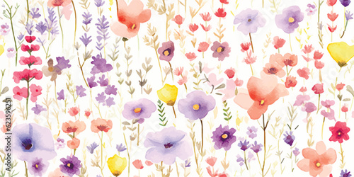Meadow with flowers, floral seamless pattern of watercolor colorful wildflowers on ivory background, abstract ornament