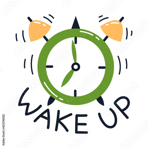 Vector sticker with alarm clock and wake up text. Good morning and deadline concept. Alarm clock ringing.