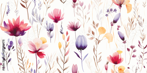Seamless floral pattern in herbarium style with colored flowers and abstract branches, watercolor illustration for summer textile, cover or wallpapers
