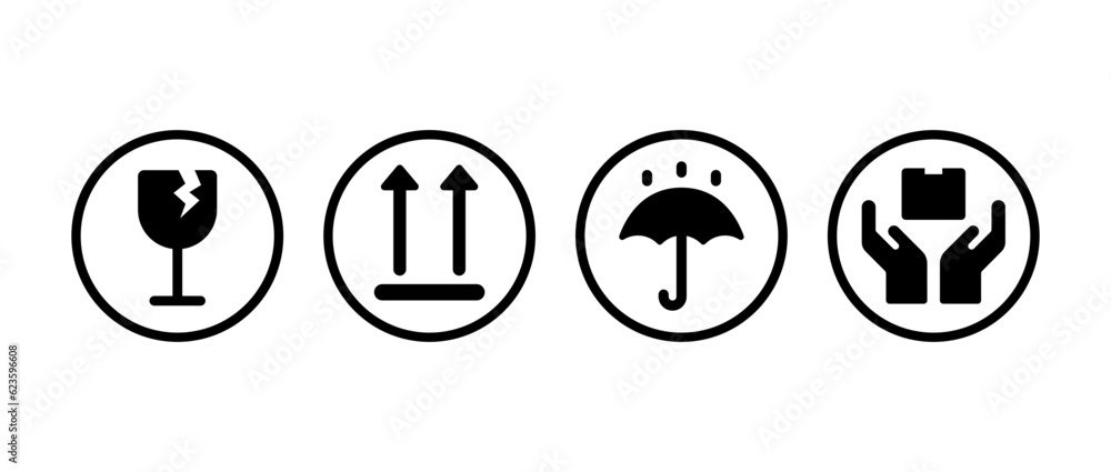 Fragile icon. Upward icon. Keep dry icon. Handle with care icon. Vector fragile symbols. Glass symbol warning sign. Circle icons for package, parcel box. Fragile icon. Upward icon. Keep dry icon. Handle with care icon. Vector fragile symbols. Glass symbol warning sign. Circle icons for package, parcel box.