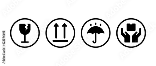 Fragile icon. Upward icon. Keep dry icon. Handle with care icon. Vector fragile symbols. Glass symbol warning sign. Circle icons for package, parcel box.