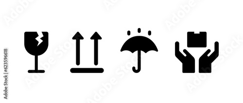 Fragile icon. Upward icon. Keep dry icon. Handle with care icon. Vector fragile symbols. Glass symbol warning sign. Icons for package, parcel box.