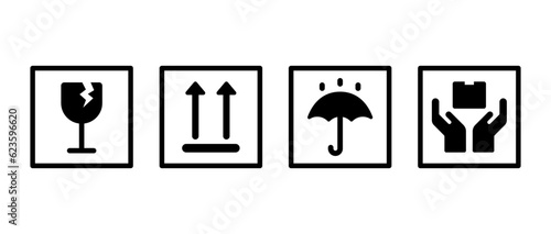 Fragile icon. Upward icon. Keep dry icon. Handle with care icon. Vector fragile symbols. Glass symbol warning sign. Square icons for package, parcel box.