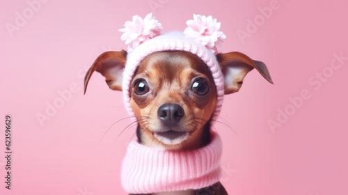 Cute little surprised dog make big eyes wears hat on pink pastel background. Generative AI © Kanisorn